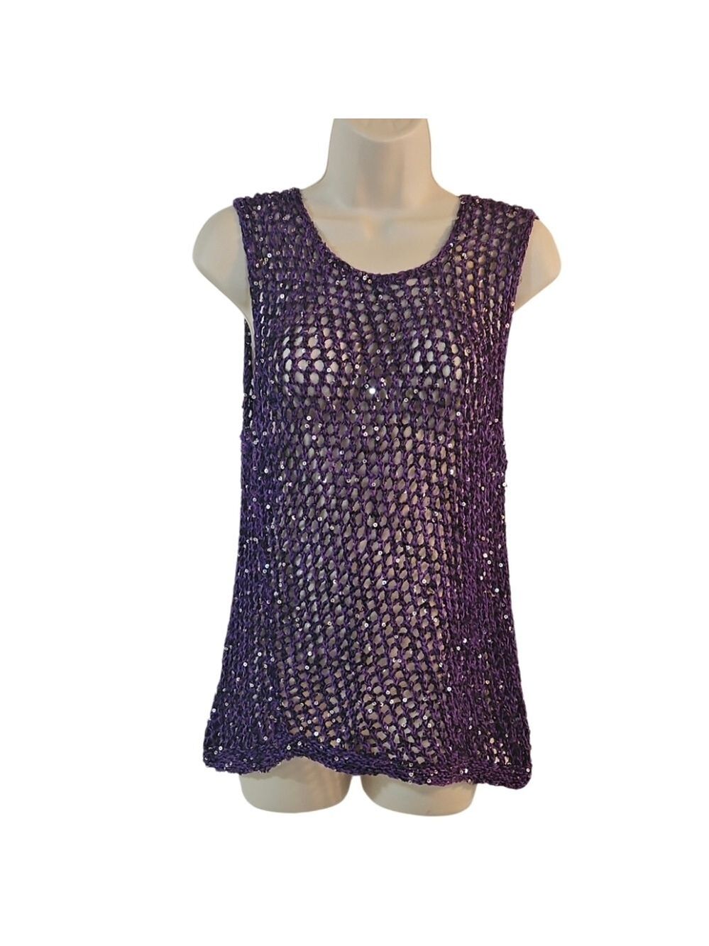 Handmade Crochet Cover-Up Sparkle Mesh Resort Top One Size 20" Asymmetrical Hem - Picture 9 of 15